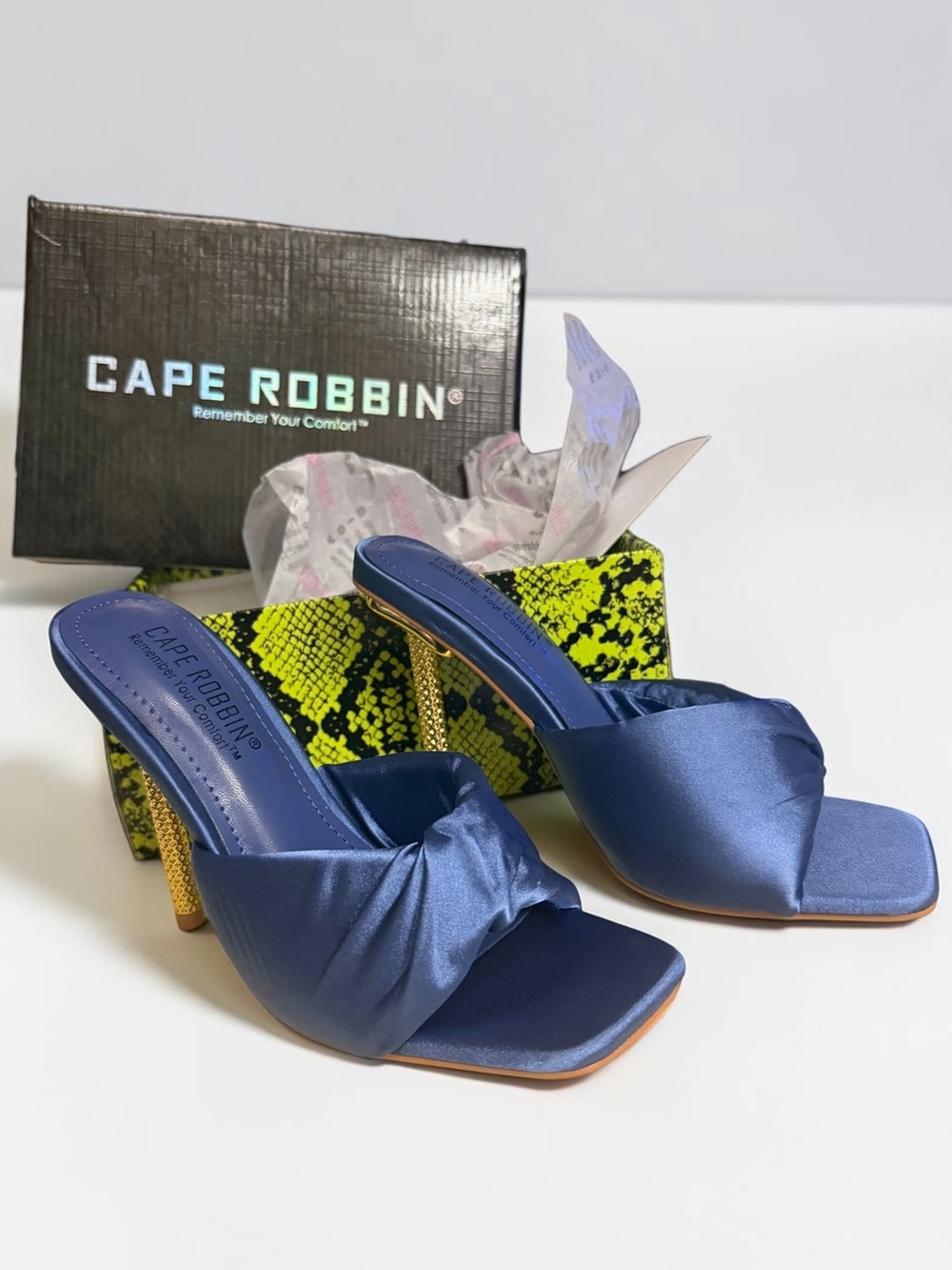 Cape Robbin Navy Blue Satin Knot Mule Slip On Heels